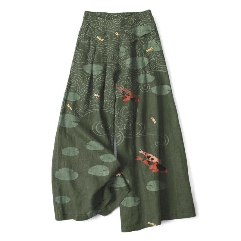 Nimara Ritual Cotton Linen Lotus Leaf Koi Fish Ripple Pattern Women's Elastic Waist Wide Leg Pants With Pockets