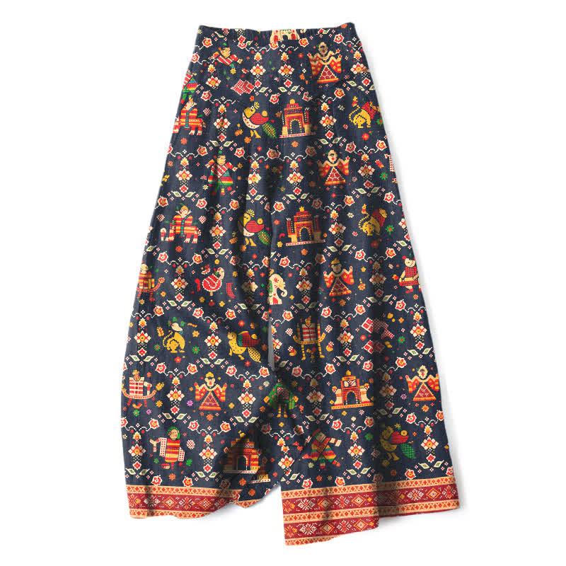 Nimara Ritual Cotton Linen Bohemian Geometric Pattern Women's Elastic Waist Wide Leg Pants With Pockets