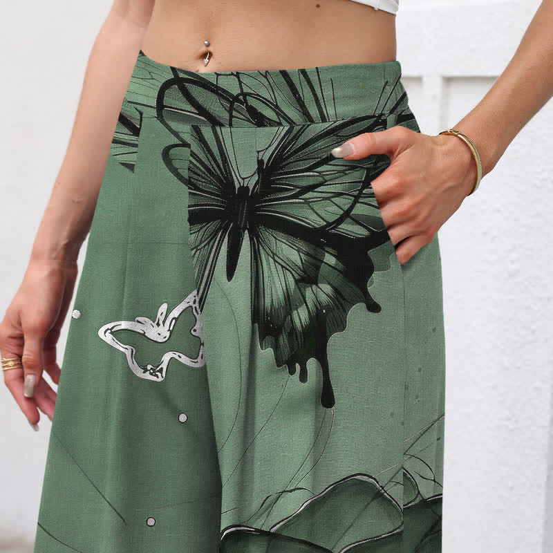 Nimara Ritual Cotton Linen Butterfly Floral Pattern Women's Elastic Waist Wide Leg Pants With Pockets