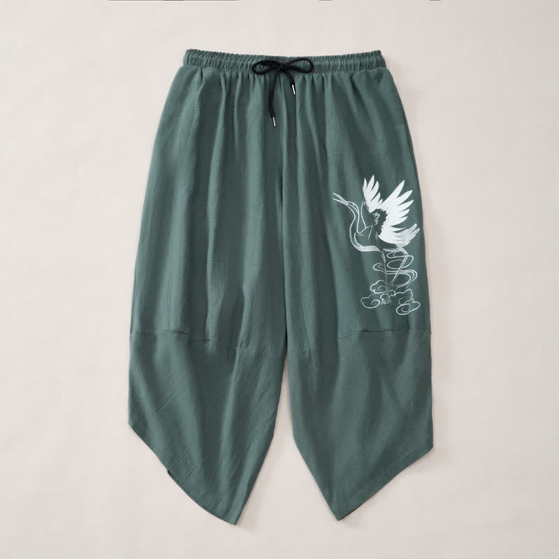 Nimara Ritual Summer Casual Vintage Drawstring Crane Print Capri Pants Men's Harem Pants With Pocket