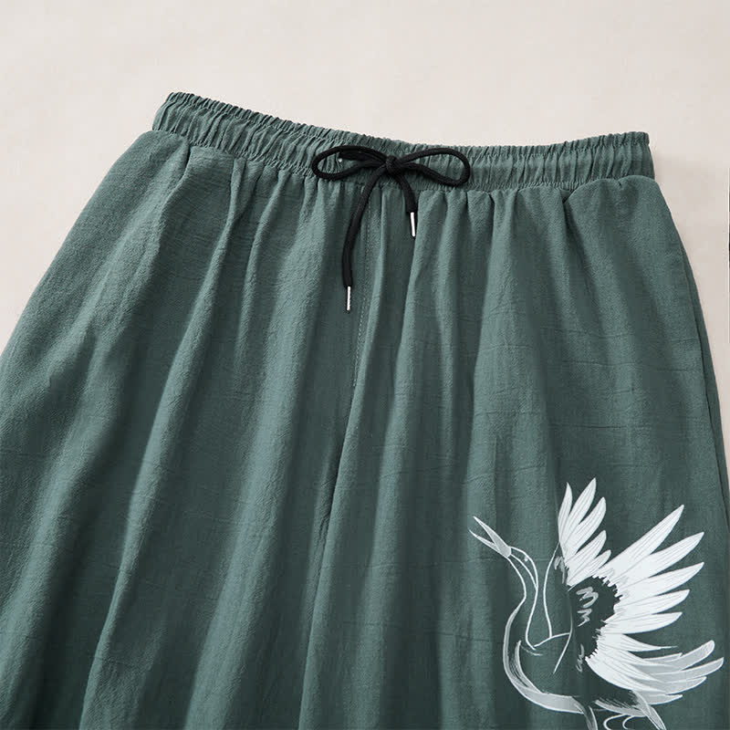 Nimara Ritual Summer Casual Vintage Drawstring Crane Print Capri Pants Men's Harem Pants With Pocket