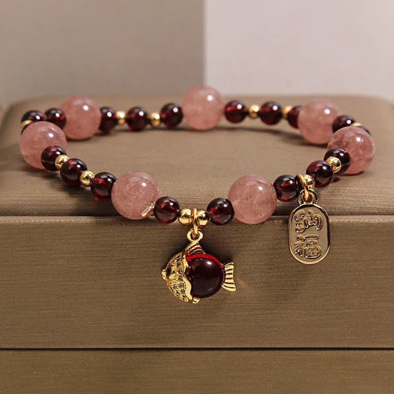 Nimara Ritual Strawberry Quartz Garnet Koi Fish Fu Character Healing Bracelet