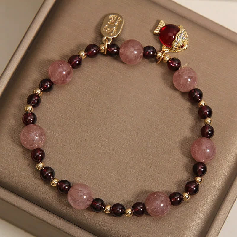 Nimara Ritual Strawberry Quartz Garnet Koi Fish Fu Character Healing Bracelet