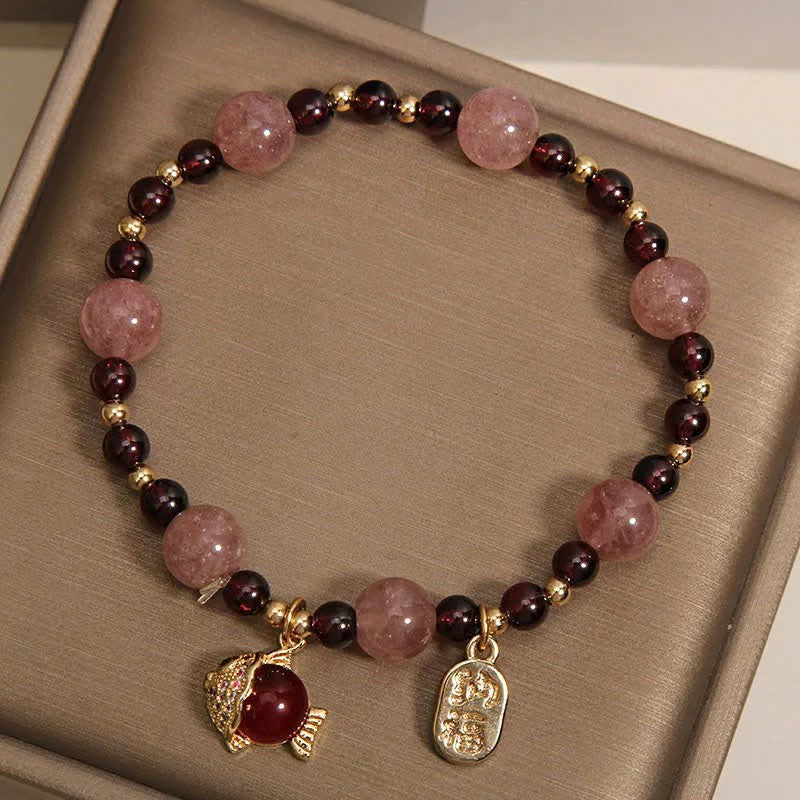 Nimara Ritual Strawberry Quartz Garnet Koi Fish Fu Character Healing Bracelet