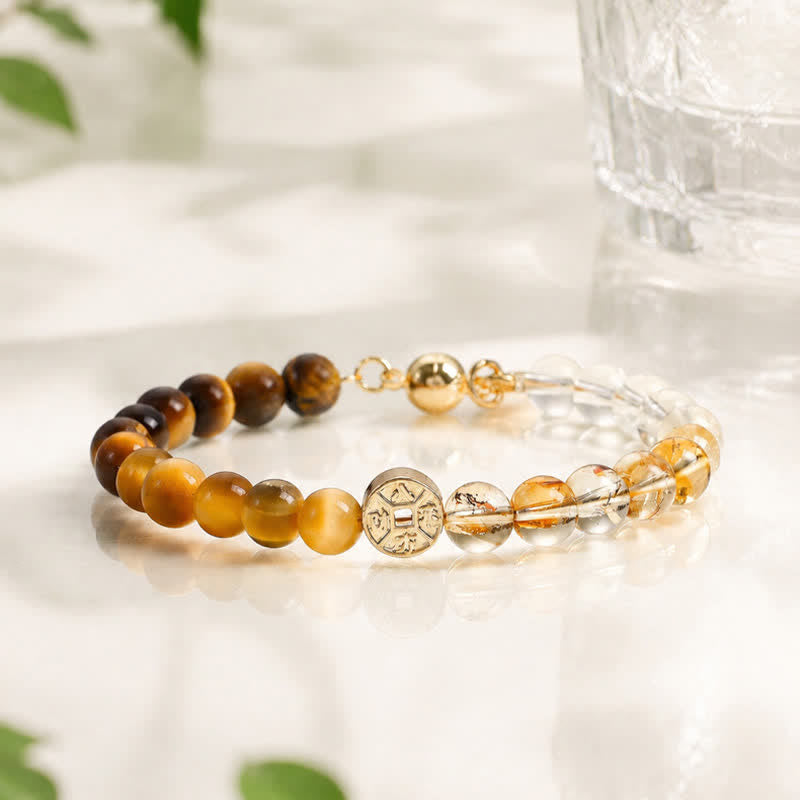 Nimara Ritual Tiger Eye Natural Stone Fu Character Copper Coins Happiness Bracelet