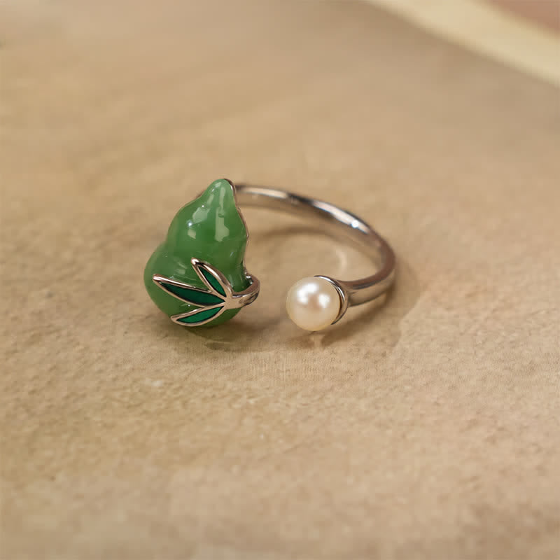 Nimara Ritual Green Aventurine Gourd Pearl Leaf Open Positivity Ring