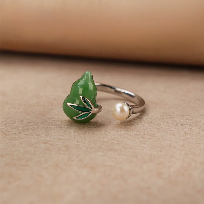 Nimara Ritual Green Aventurine Gourd Pearl Leaf Open Positivity Ring