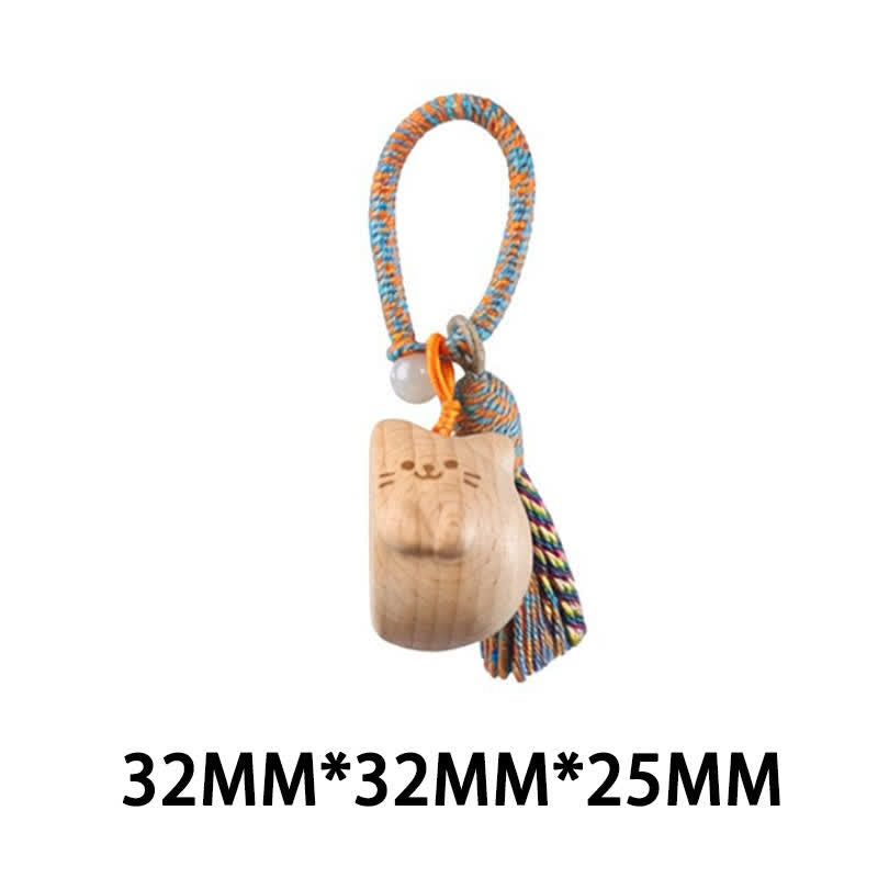 Nimara Ritual Hand-Carved Light Wood Lucky Cat Tassel Grounding Keychains