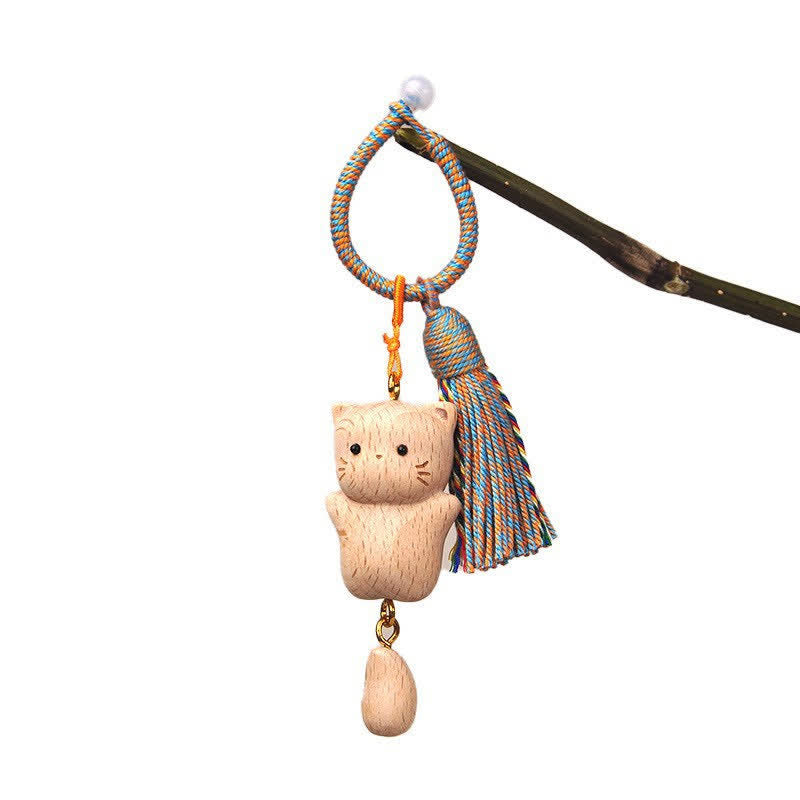 Nimara Ritual Hand-Carved Light Wood Lucky Cat Tassel Grounding Keychains