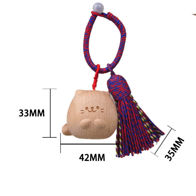 Nimara Ritual Hand-Carved Light Wood Lucky Cat Tassel Grounding Keychains
