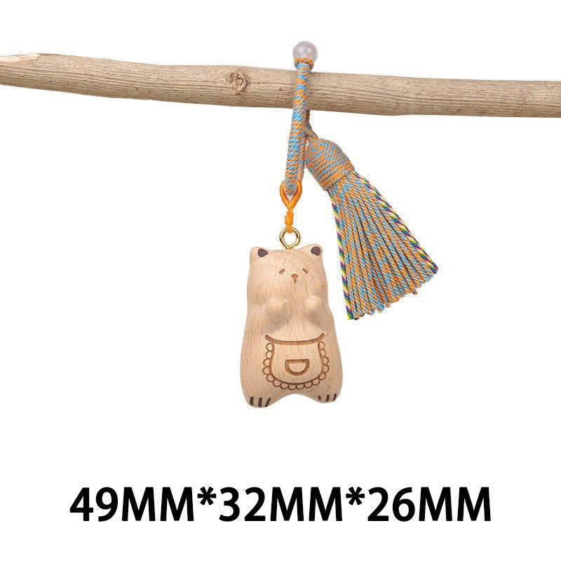 Nimara Ritual Hand-Carved Light Wood Lucky Cat Tassel Grounding Keychains