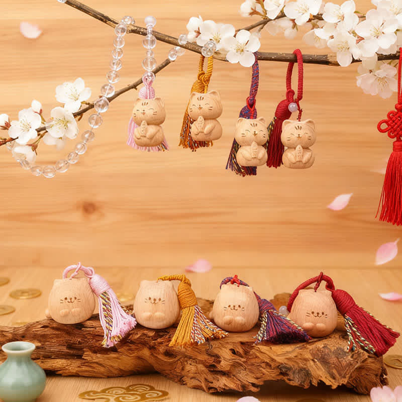 Nimara Ritual Hand-Carved Light Wood Lucky Cat Tassel Grounding Keychains