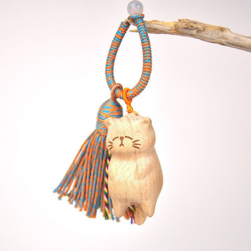 Nimara Ritual Hand-Carved Light Wood Lucky Cat Tassel Grounding Keychains