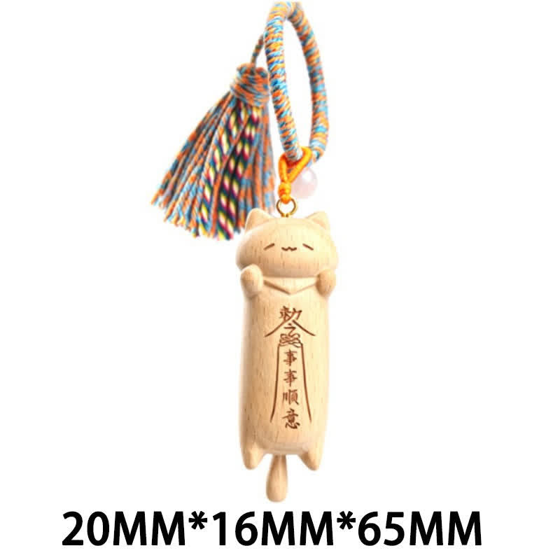 Nimara Ritual Hand-Carved Light Wood Lucky Cat Tassel Grounding Keychains