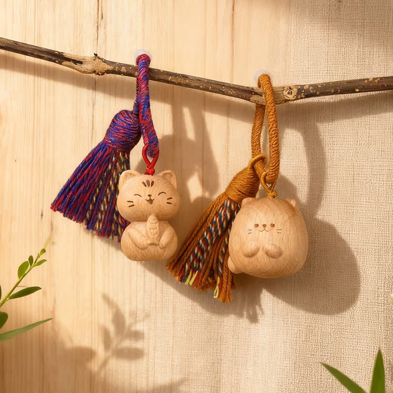 Nimara Ritual Hand-Carved Light Wood Lucky Cat Tassel Grounding Keychains