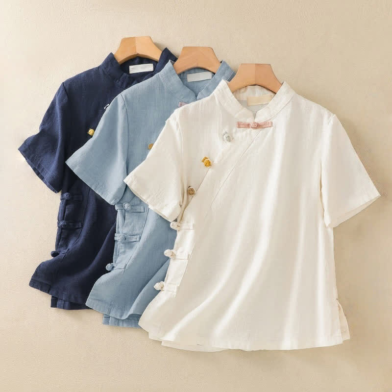 Nimara Ritual Casual Plain Slant Stand Collar Collar Colorful Frog-Button Tang Suit Women's Cotton Linen Three Quarter Sleeve Shirt