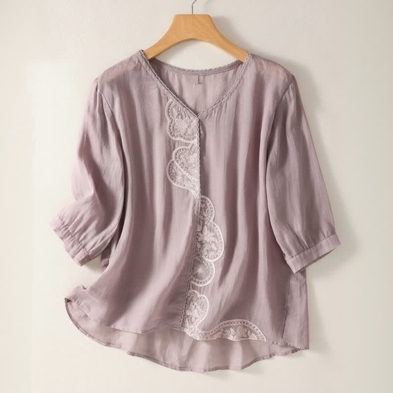 Nimara Ritual Casual Embroidered Pattern Women's V-neck Design Half Sleeve T-Shirt