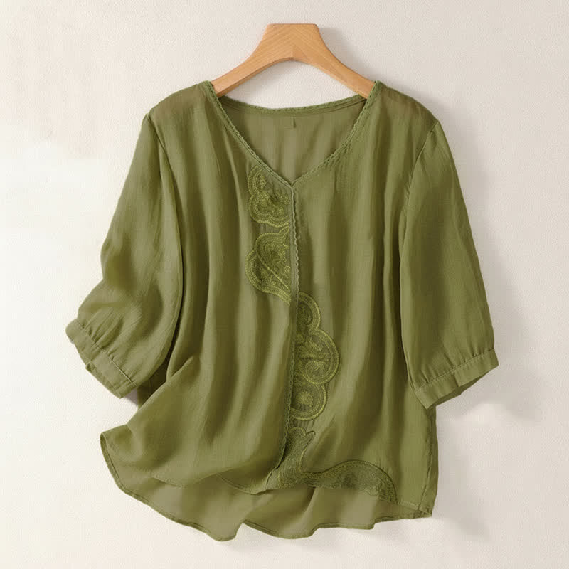 Nimara Ritual Casual Embroidered Pattern Women's V-neck Design Half Sleeve T-Shirt
