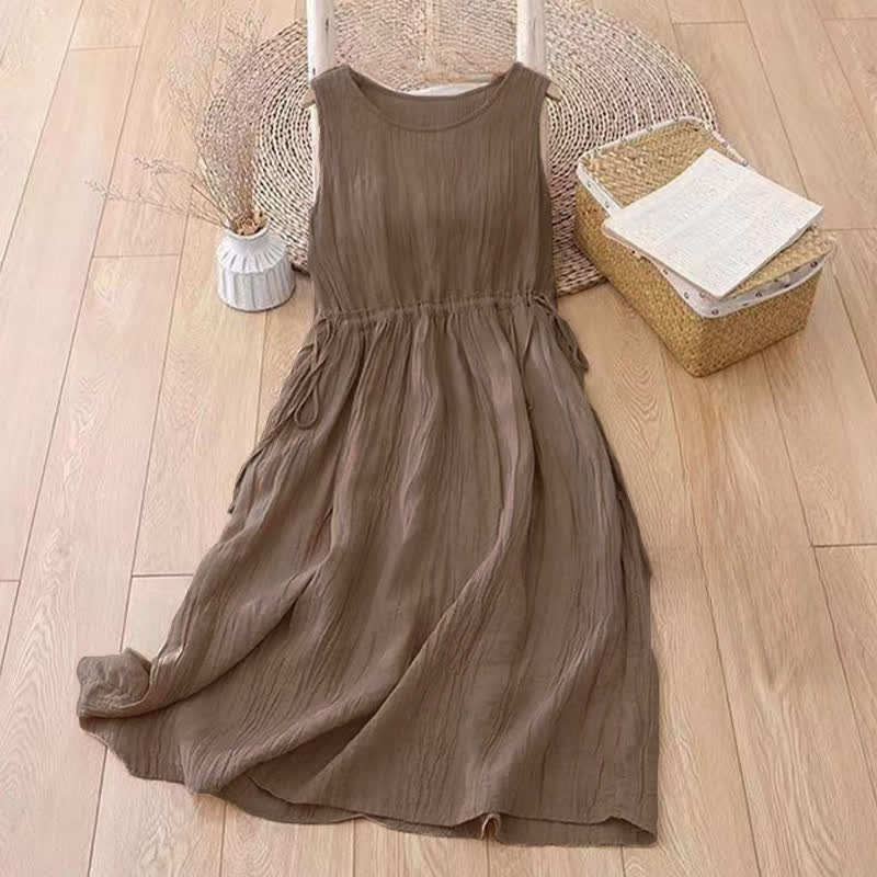 Nimara Ritual Casual Plain Handmade Drawstring Waist Midi Dress Sleeveless Dress With Pockets