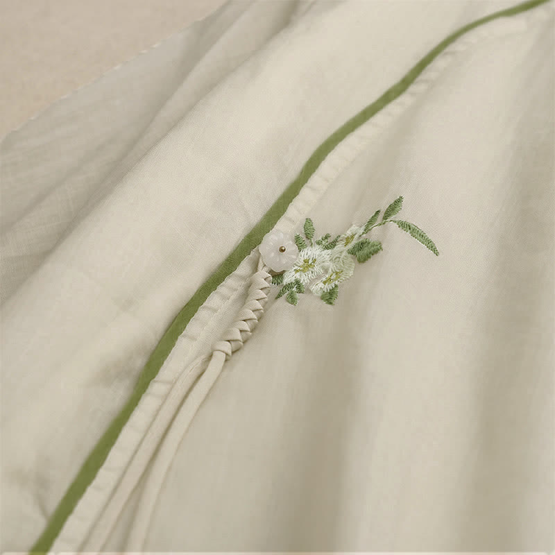Nimara Ritual Beige Floral Green Leaf Embroidery Crew Neck Three Quarter Sleeve Women's Shirt