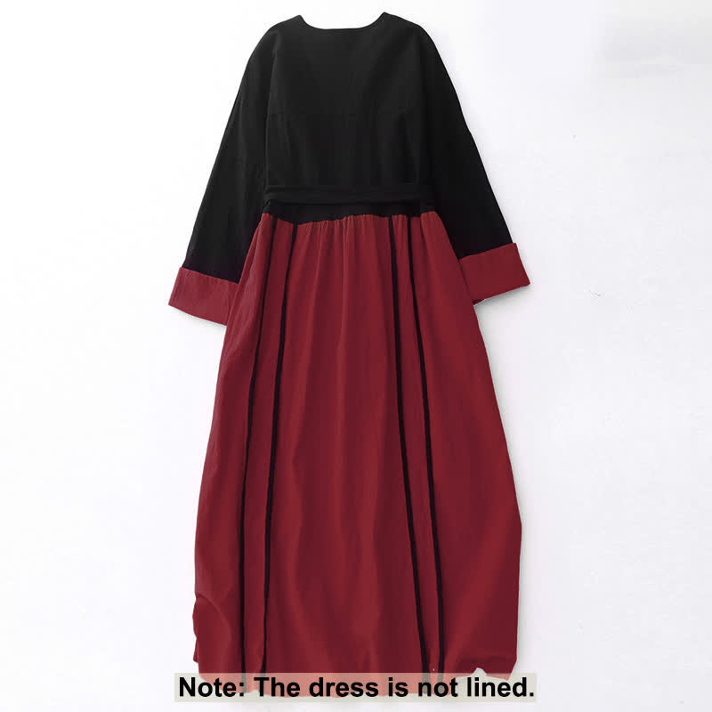 Nimara Ritual Color Block Lace-Up Desgin Women's Long Sleeve Midi Dress With Pockets