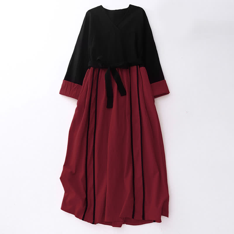 Nimara Ritual Color Block Lace-Up Desgin Women's Long Sleeve Midi Dress With Pockets
