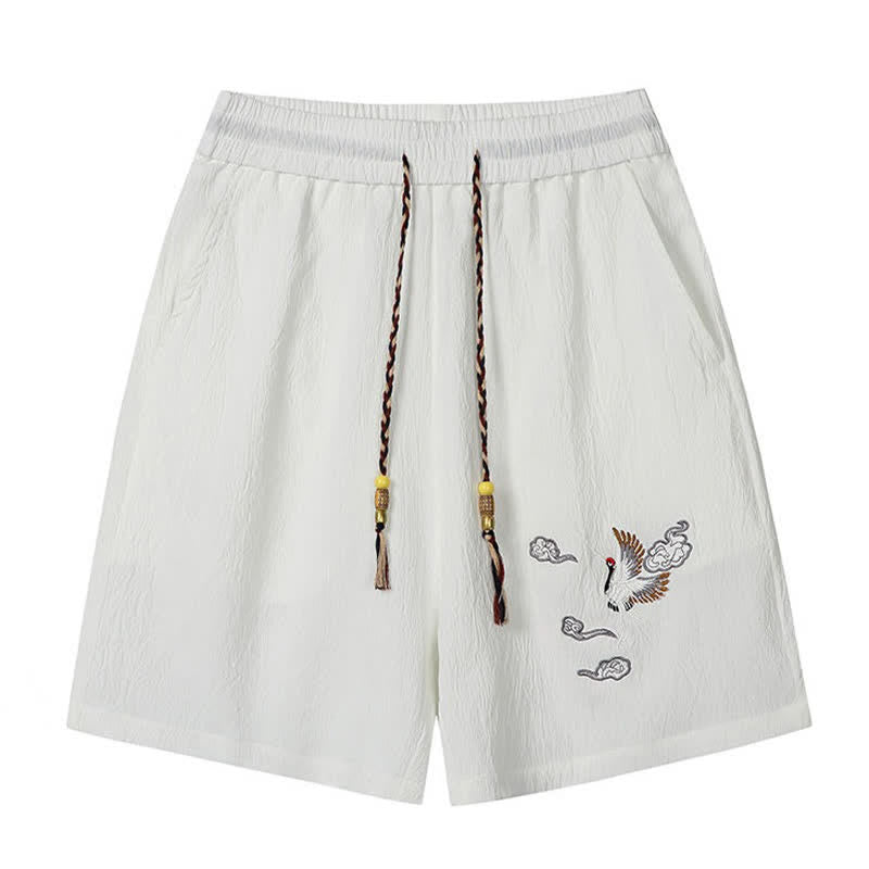 Nimara Ritual Summer Casual Tang Style Embroidery Crane Auspicious Clouds Men's Shorts With Pockets