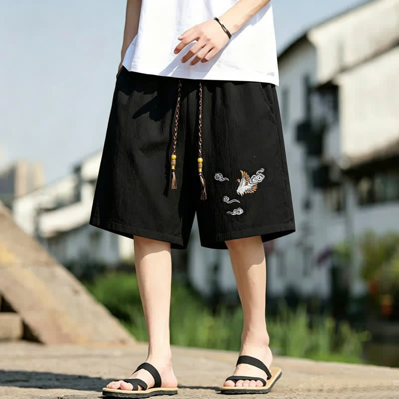 Nimara Ritual Summer Casual Tang Style Embroidery Crane Auspicious Clouds Men's Shorts With Pockets