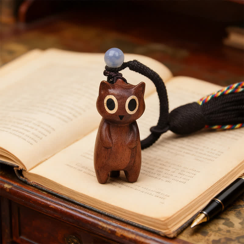 Nimara Ritual Hand-Carved Peach Wood Cat Tassel Wealth Keychains