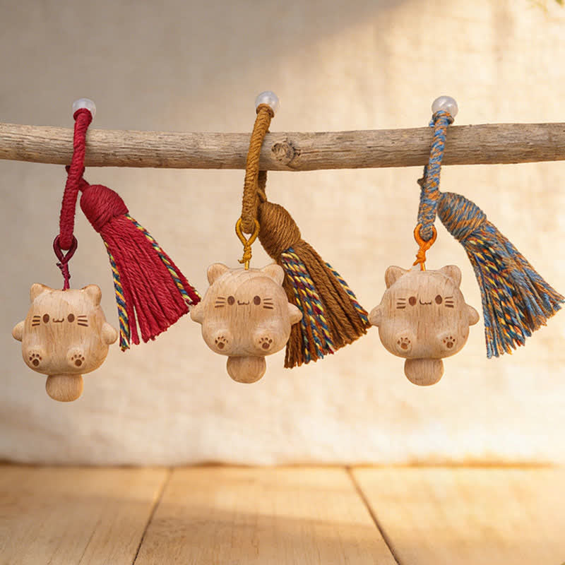 Nimara Ritual Hand-Carved Natural Wood Lucky Cat Tassel Balance Keychains