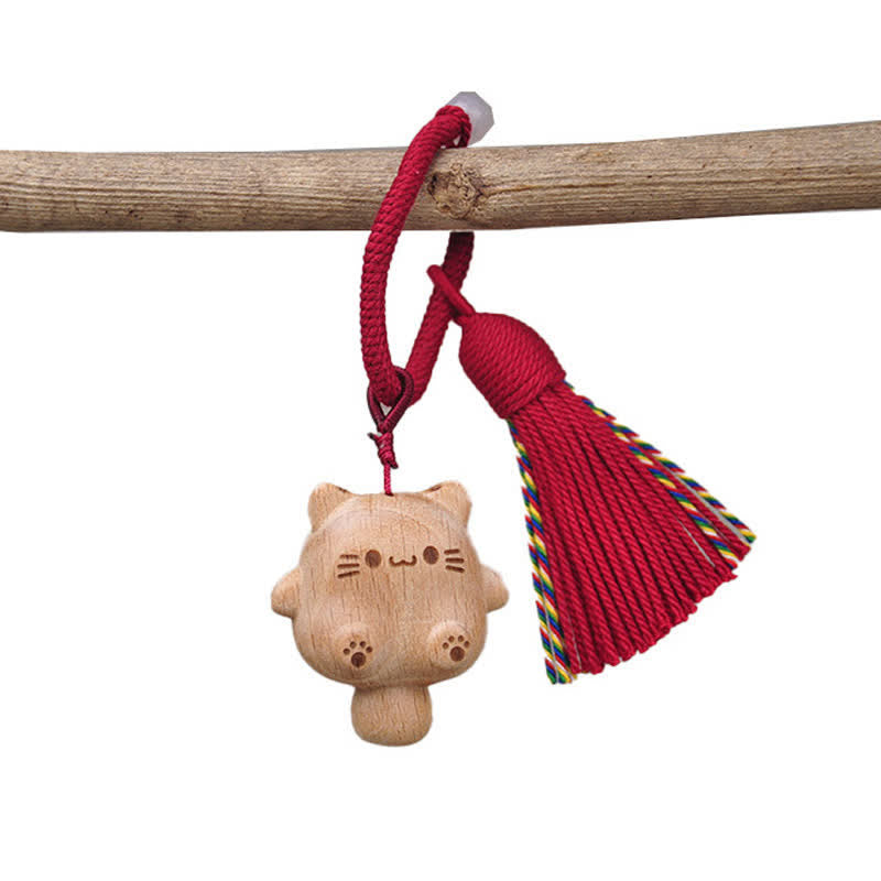 Nimara Ritual Hand-Carved Natural Wood Lucky Cat Tassel Balance Keychains