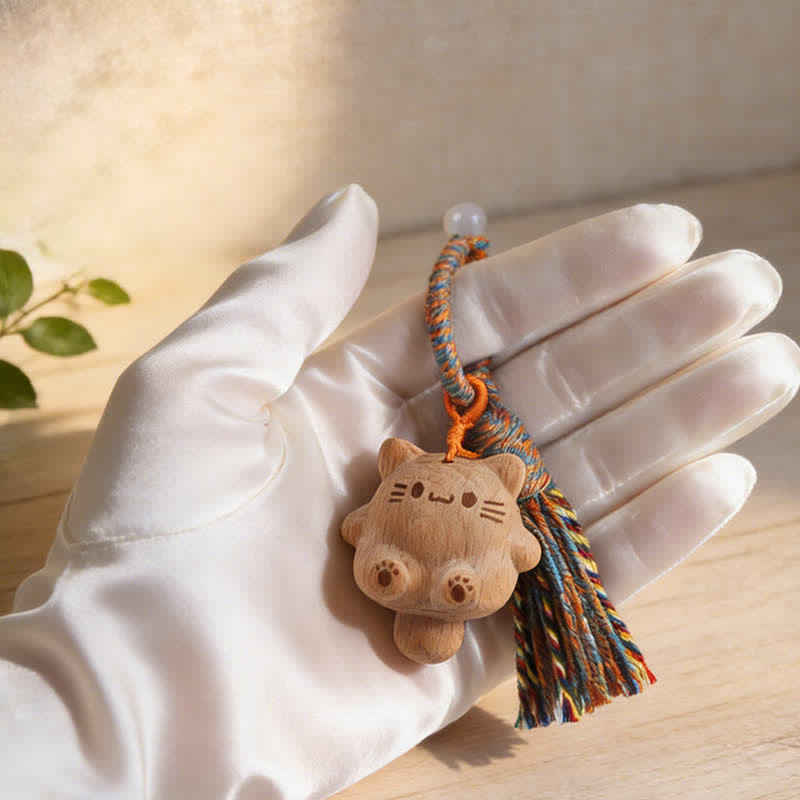 Nimara Ritual Hand-Carved Natural Wood Lucky Cat Tassel Balance Keychains
