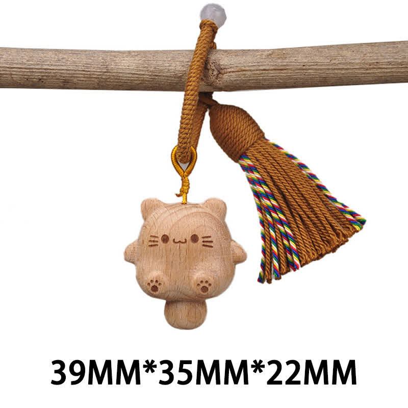 Nimara Ritual Hand-Carved Natural Wood Lucky Cat Tassel Balance Keychains