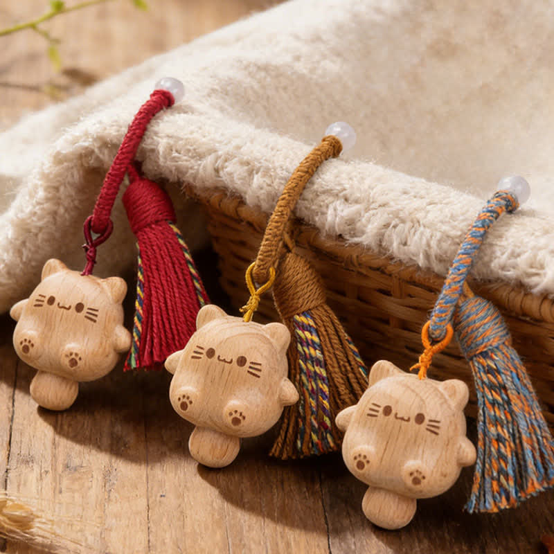 Nimara Ritual Hand-Carved Natural Wood Lucky Cat Tassel Balance Keychains
