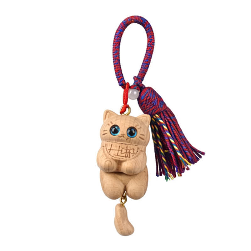Nimara Ritual Carved Natural Wood Cat Tassel Simplicity Keychains
