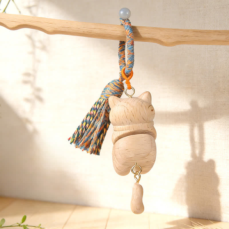 Nimara Ritual Carved Natural Wood Cat Tassel Simplicity Keychains