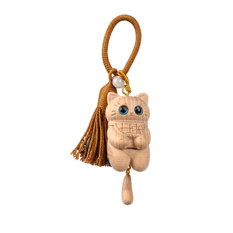 Nimara Ritual Carved Natural Wood Cat Tassel Simplicity Keychains