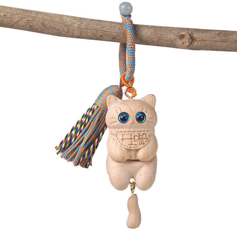 Nimara Ritual Carved Natural Wood Cat Tassel Simplicity Keychains