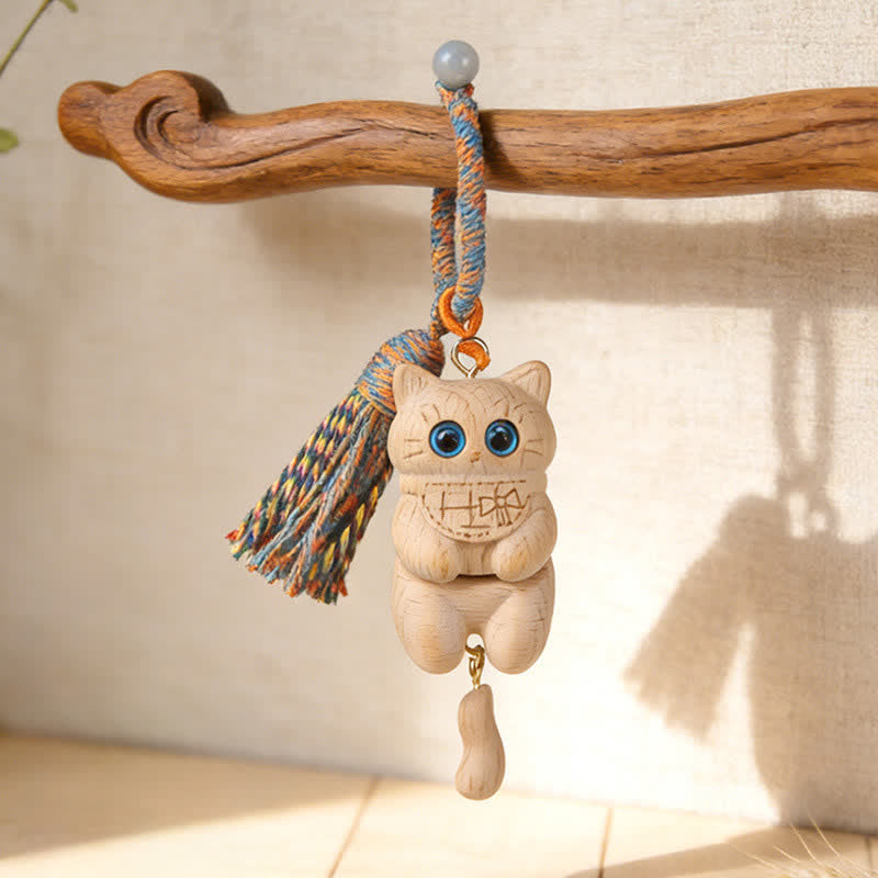 Nimara Ritual Carved Natural Wood Cat Tassel Simplicity Keychains