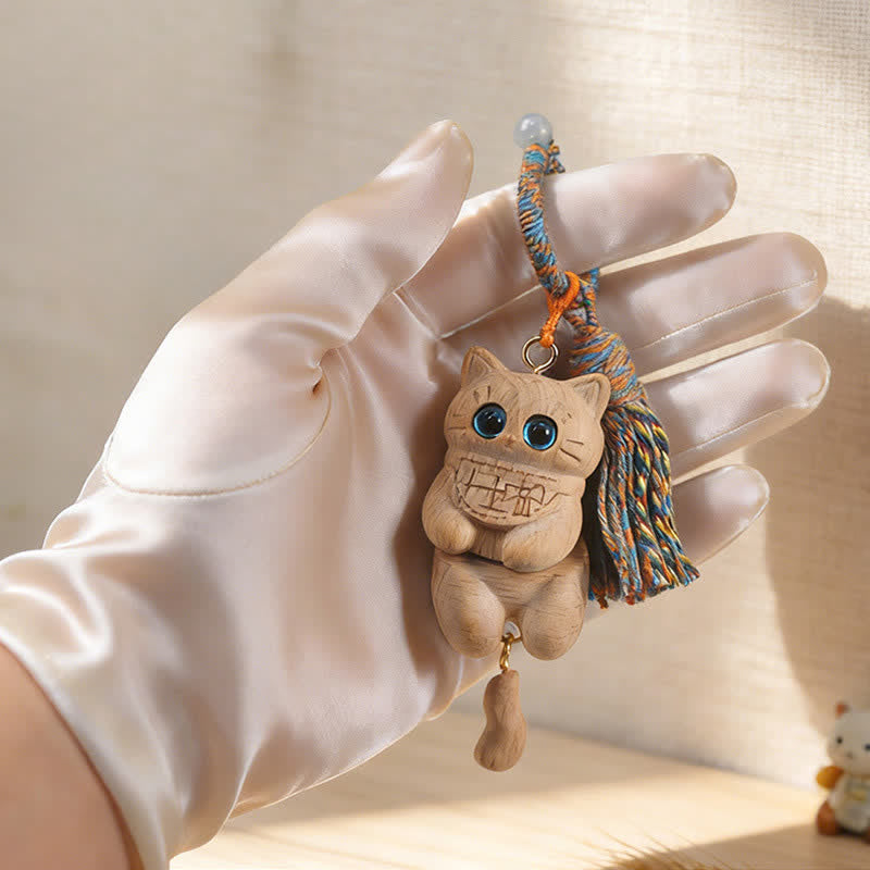 Nimara Ritual Carved Natural Wood Cat Tassel Simplicity Keychains