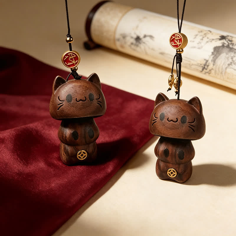 Nimara Ritual Carved Natural Peach Wood Cute Cat Balance Keychains