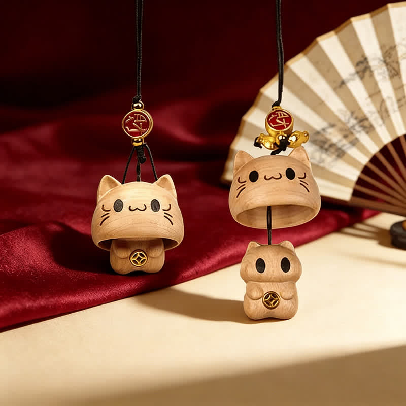 Nimara Ritual Carved Natural Peach Wood Cute Cat Balance Keychains