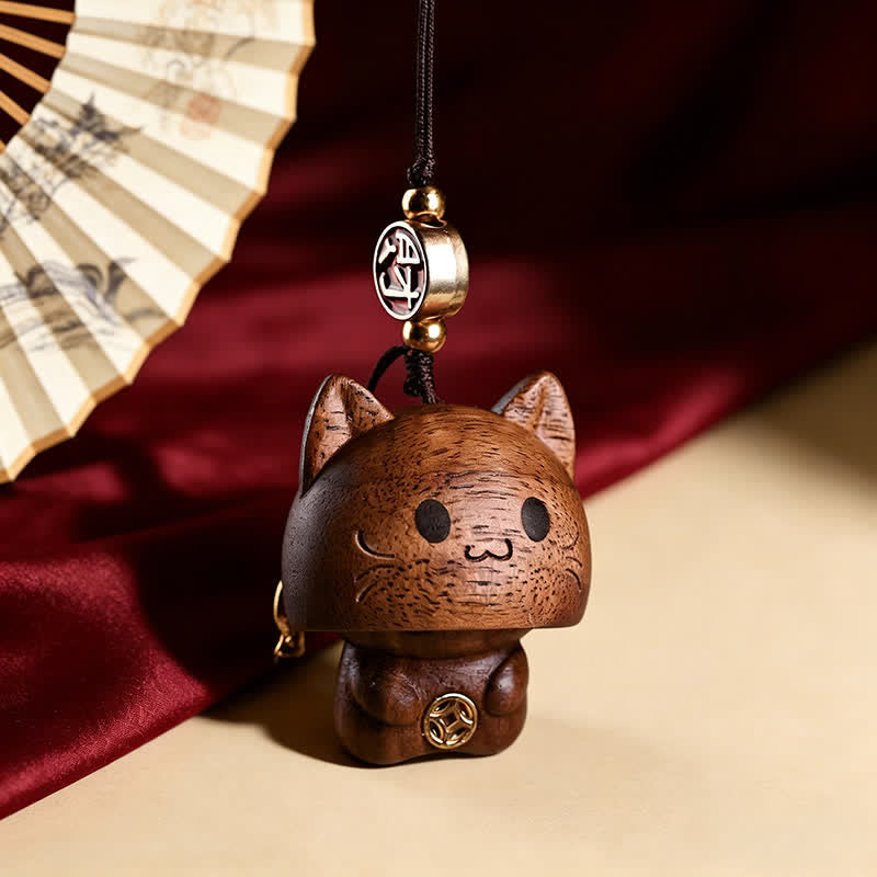 Nimara Ritual Carved Natural Peach Wood Cute Cat Balance Keychains