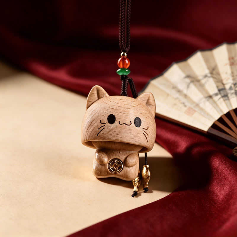Nimara Ritual Carved Natural Peach Wood Cute Cat Balance Keychains