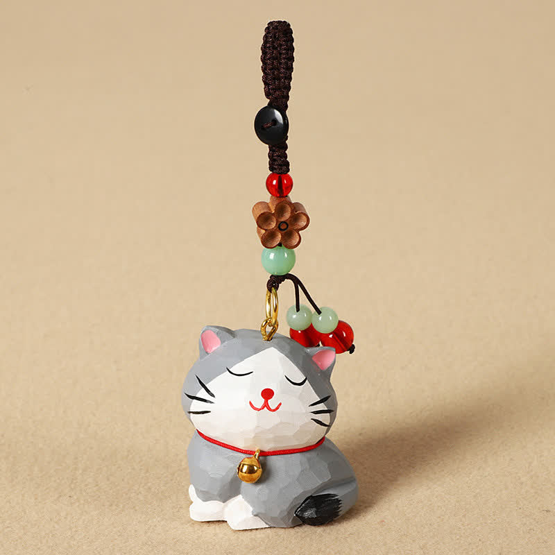 Nimara Ritual Carved Wood Cat Om Mani Padme Hum Focus Keychains