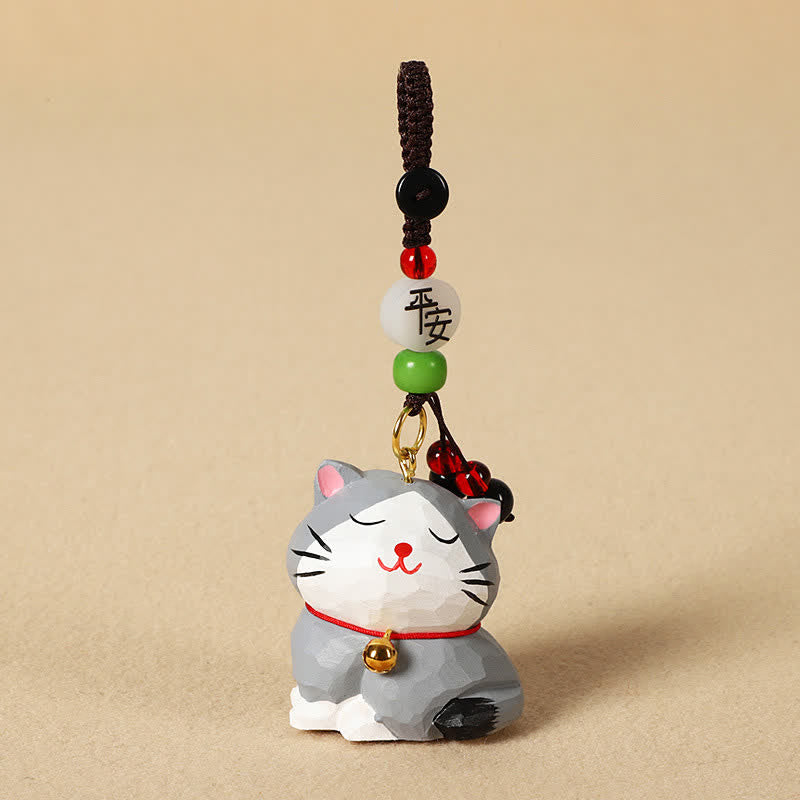 Nimara Ritual Carved Wood Cat Om Mani Padme Hum Focus Keychains