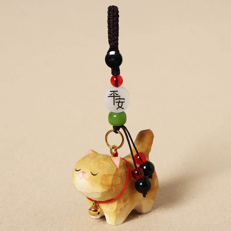 Nimara Ritual Carved Wood Cat Om Mani Padme Hum Peace Keychains