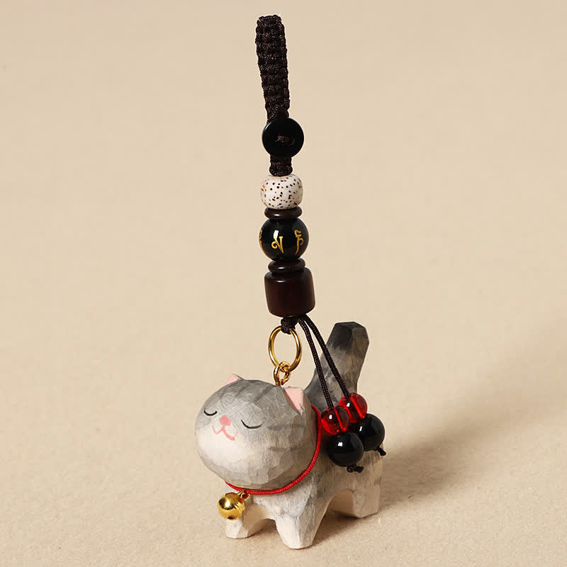 Nimara Ritual Carved Wood Cat Om Mani Padme Hum Peace Keychains