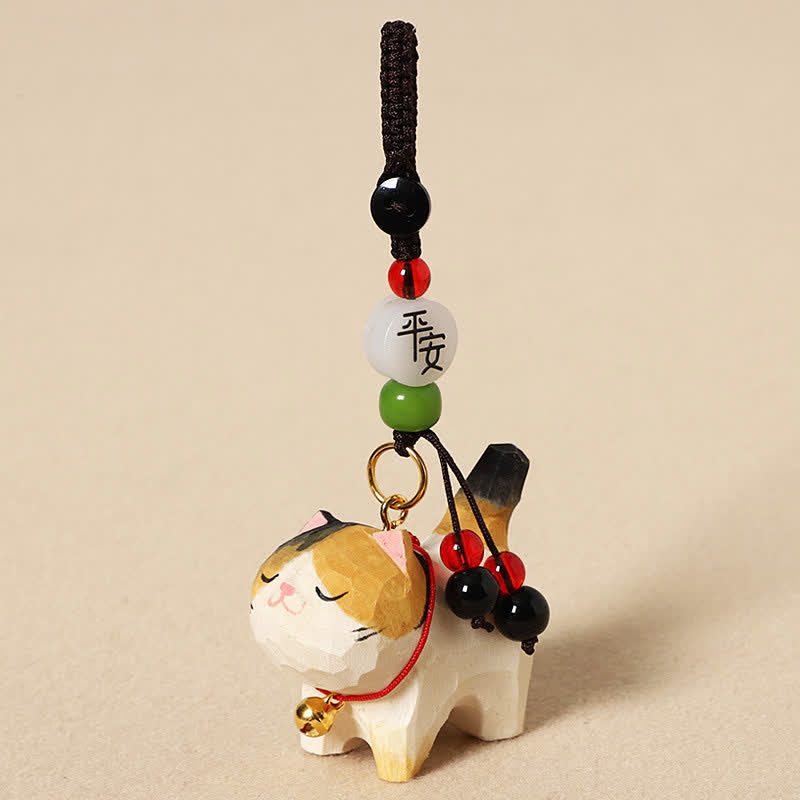 Nimara Ritual Carved Wood Cat Om Mani Padme Hum Peace Keychains