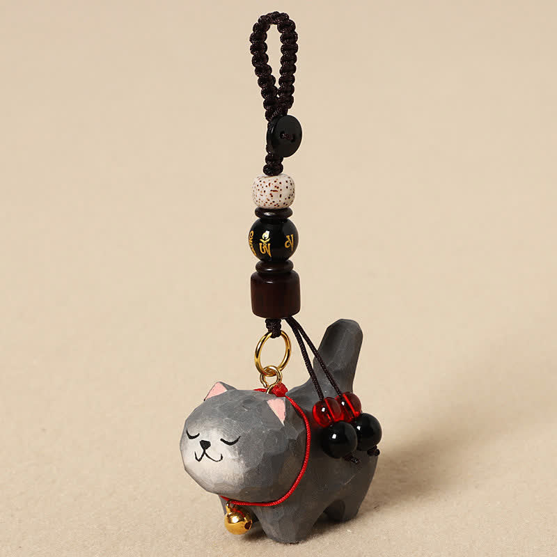 Nimara Ritual Carved Wood Cat Om Mani Padme Hum Peace Keychains